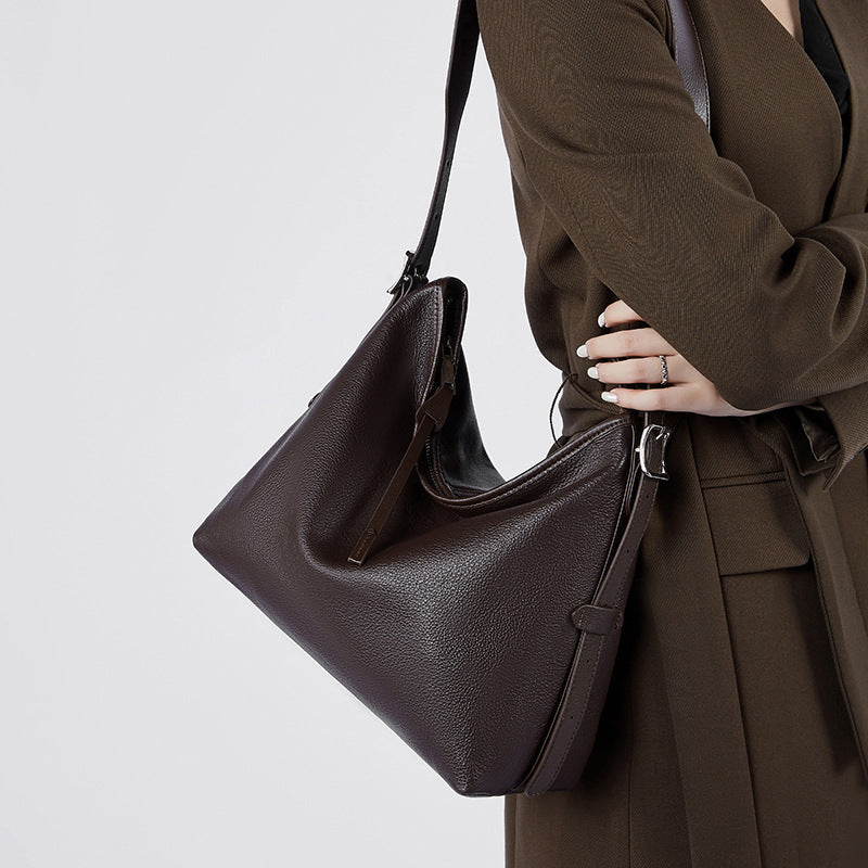 Women's Genuine Leather Retro Shoulder Tote Bag with Lock Detail