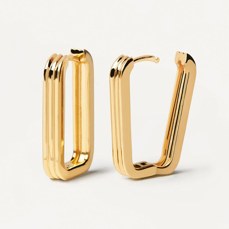 “Ribbed Rectangle” S925 Sterling Silver Textured Geometric Hoop Earrings