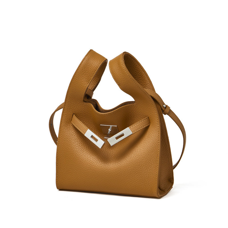 Women's Pebbled Cowhide Twist-Lock Bucket Bag with Inner Pouch