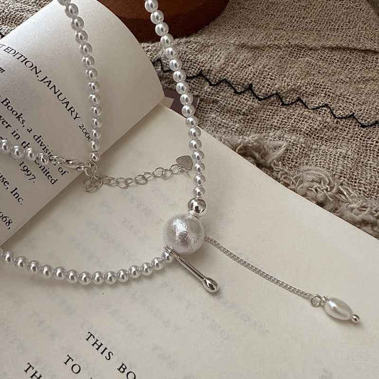 S925 Sterling Silver Beaded Tassel Necklace Adjustable Chain Elegant Dangle Design