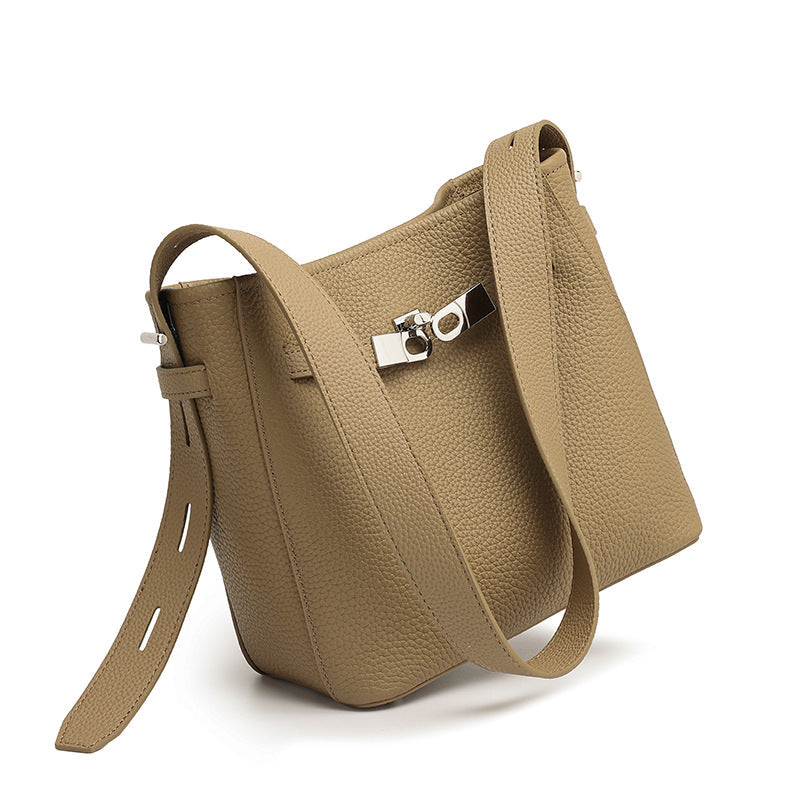Women's Pebbled Cowhide Bucket Bag with Double-D Hardware
