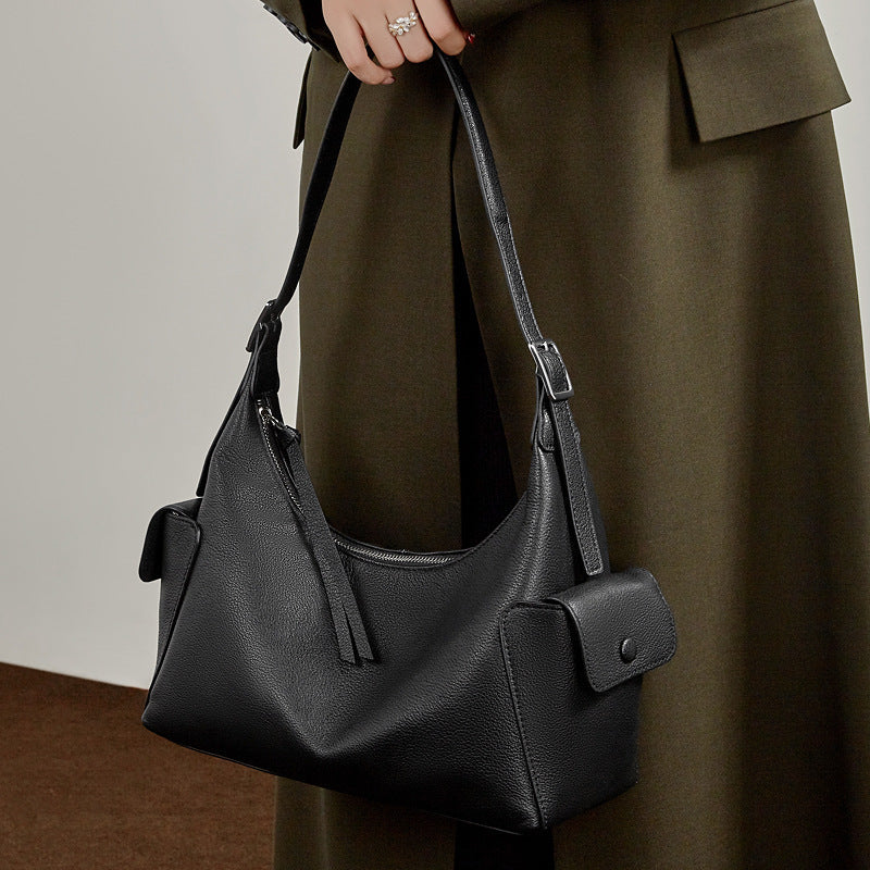 Women's Full-Grain Vegetable-Tanned Leather Tote Bag with Side Pockets