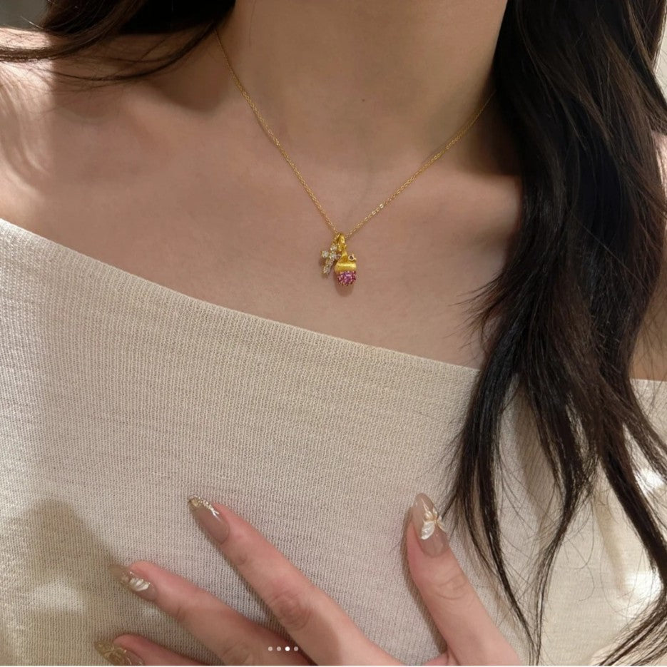 Blush Pine Charm S925 Sterling Silver Pinecone Cross Pendant Necklace