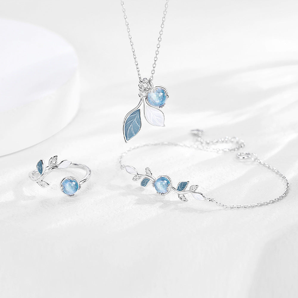 925 Sterling Silver Blue Glass Leaf Jewelry Set