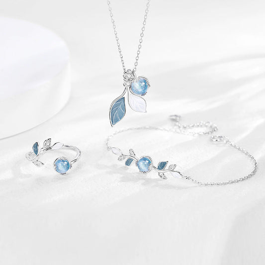 925 Sterling Silver Blue Glass Leaf Jewelry Set