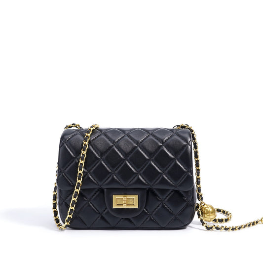 Women's Quilted Sheepskin Flap Bag with Golden Ball Chain