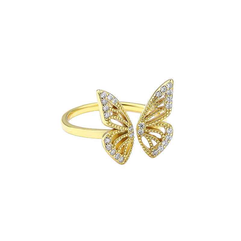 925 Sterling Silver Flutter Gleam Pavé Butterfly Open Ring Gold Platinum Plated
