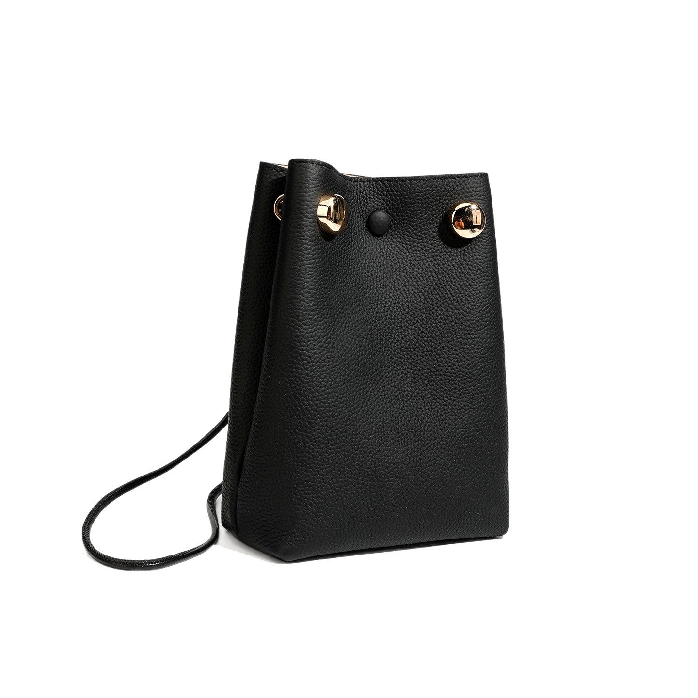 Women's Pebbled Cowhide Drawstring Phone Bag with Gold Accents