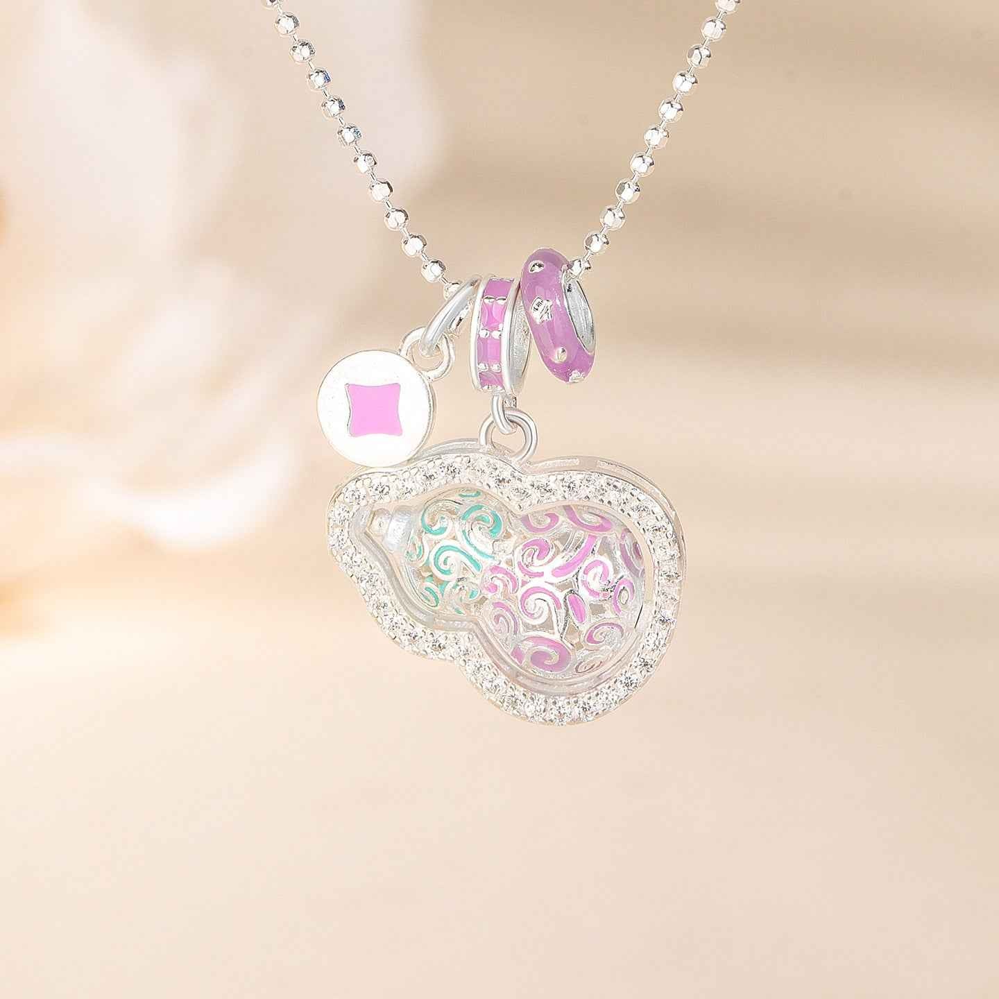 Fortune Gourd Enamel Lucky Gourd Necklace 925 Sterling Silver