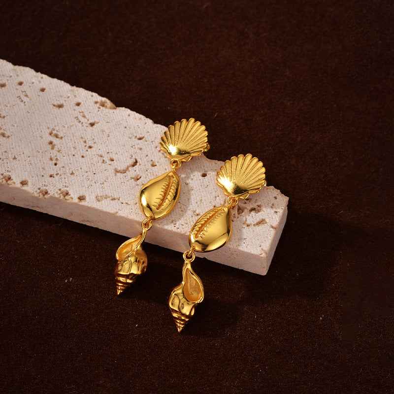 18K Gold Plated 925 Sterling Silver Golden Seashell Symphony Drop Earrings