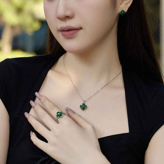 925 Sterling Silver Sakura Heart Green Zircon Jewelry Set Necklace Ring Earrings