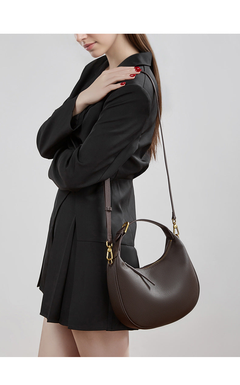 Women's Pebbled Cowhide Half-Moon Hobo Bag with Adjustable Strap