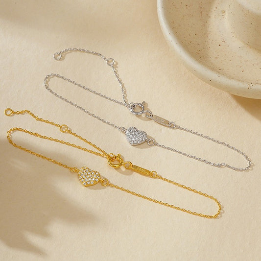 “Heart Gleam” S925 Sterling Silver Pave Heart Bracelet