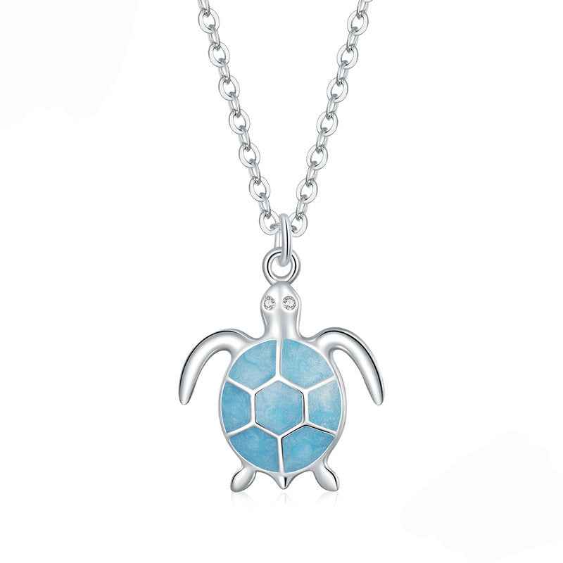 Azure Turtle S925 Sterling Silver Sea Turtle Pendant Necklace with Blue Enamel Shell
