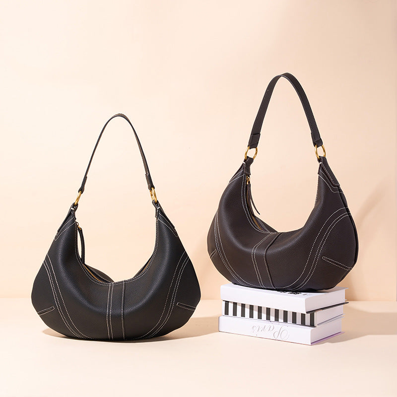 Women's Pebbled Cowhide Curved Hobo Bag with Contrast Stitching