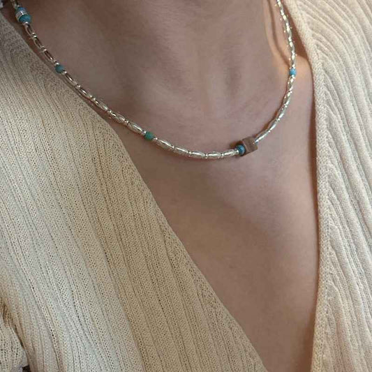 S925 Sterling Silver Turquoise Bead Necklace Adjustable Chain Vintage Style