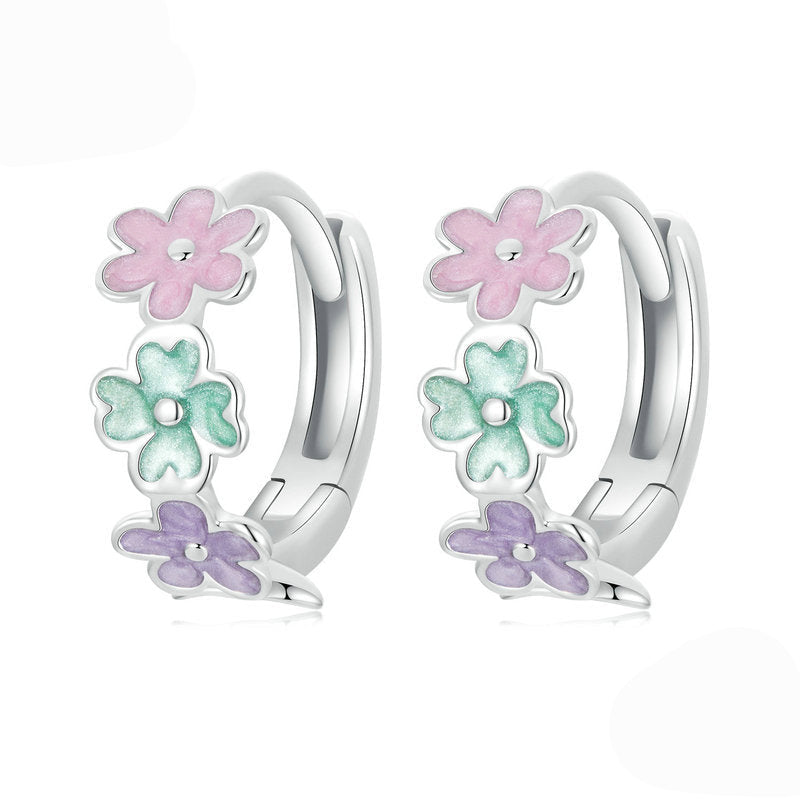 Pastel Bloom S925 Sterling Silver Pastel Flower Huggie Earrings with Enamel Detail