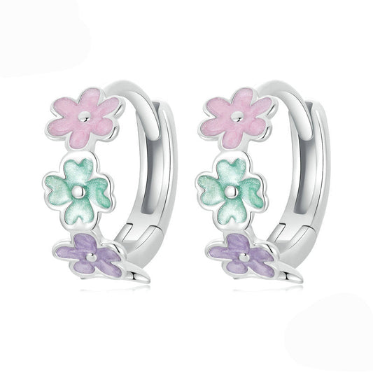 Pastel Bloom S925 Sterling Silver Pastel Flower Huggie Earrings with Enamel Detail