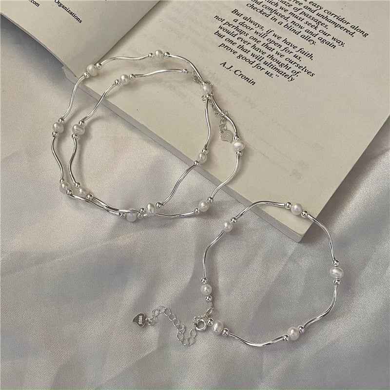 S925 Sterling Silver Waves & Pearls Jewelry Set Necklace Bracelet Freshwater Pearl