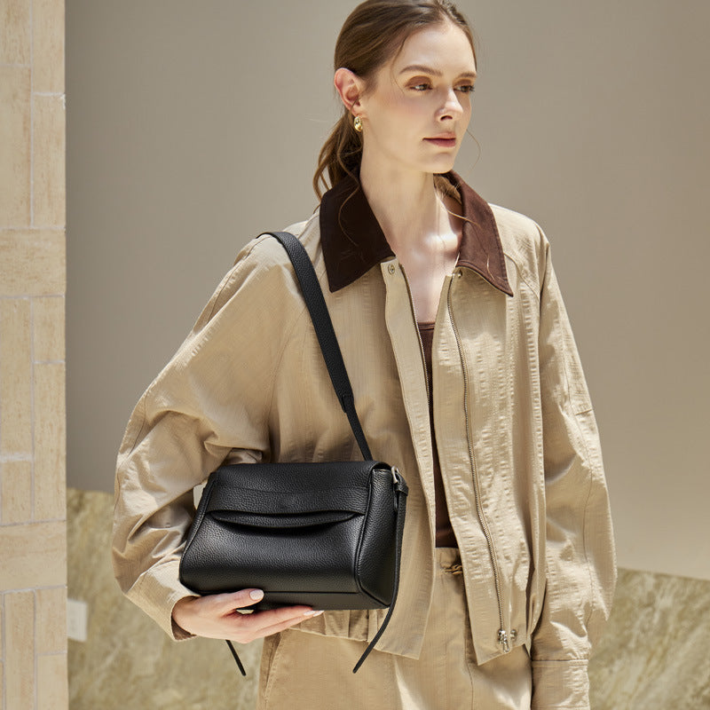 Women's Lychee-Grain Cowhide Flap Bag with Top Handle