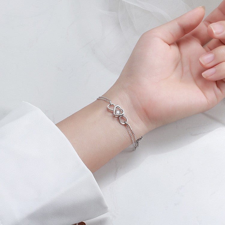 “Heart Duo” S925 Sterling Silver Double-Chain Heart Bracelet