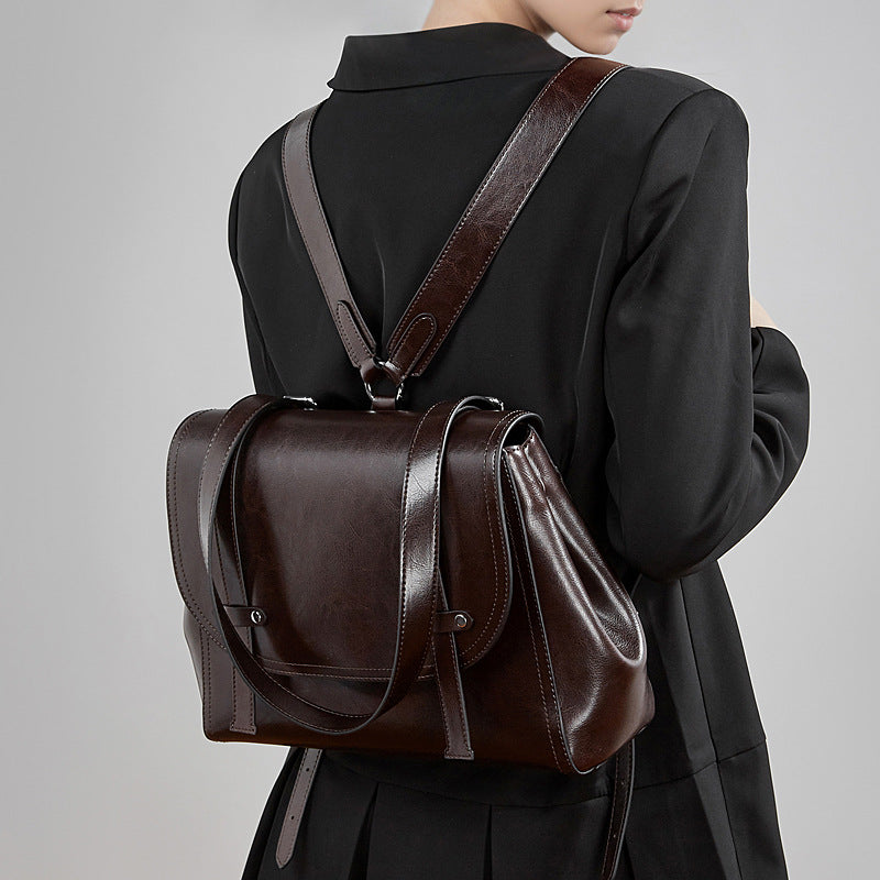 Women's Oil-Waxed Cowhide Convertible Flap Backpack