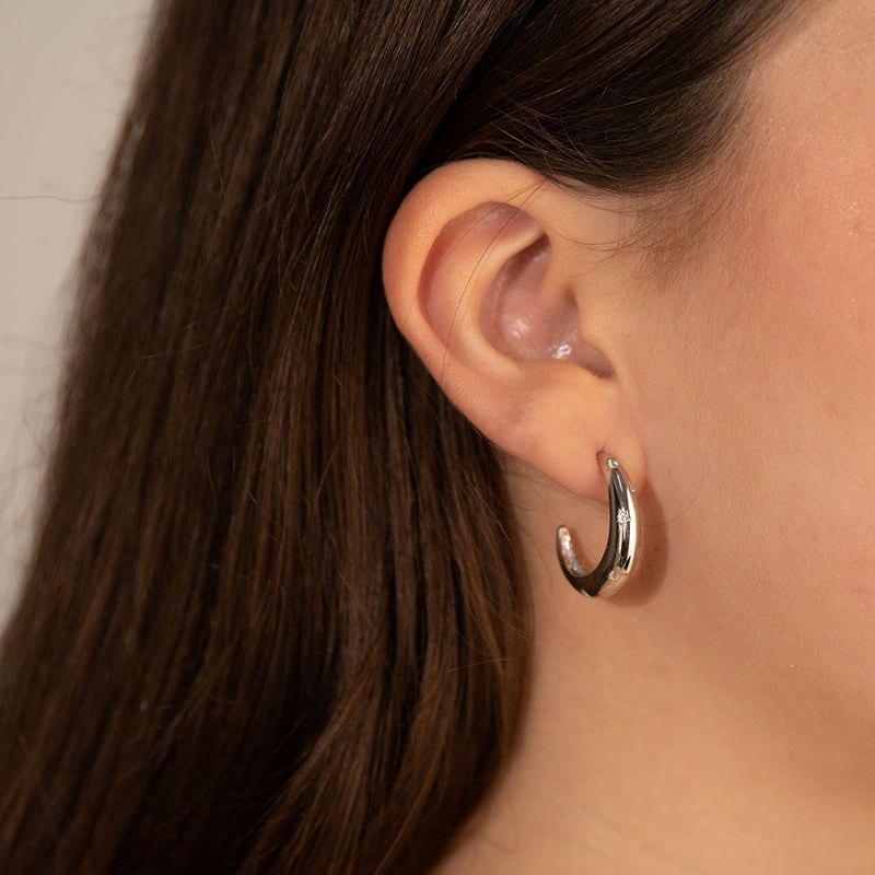 “Ciel Etoile” S925 Sterling Silver Pavé C-Hoop Earrings