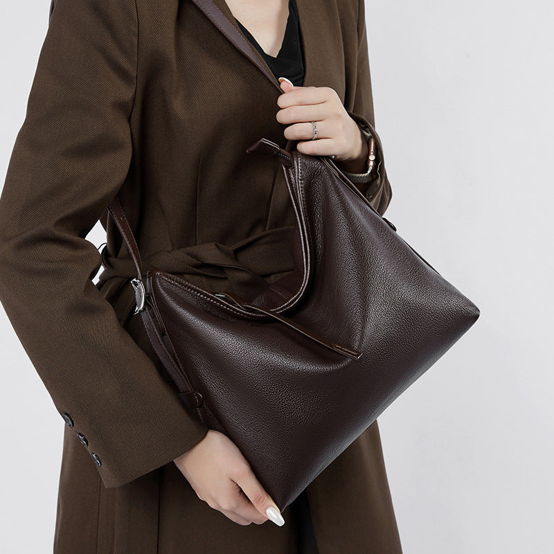 Women's Genuine Leather Retro Shoulder Tote Bag with Lock Detail