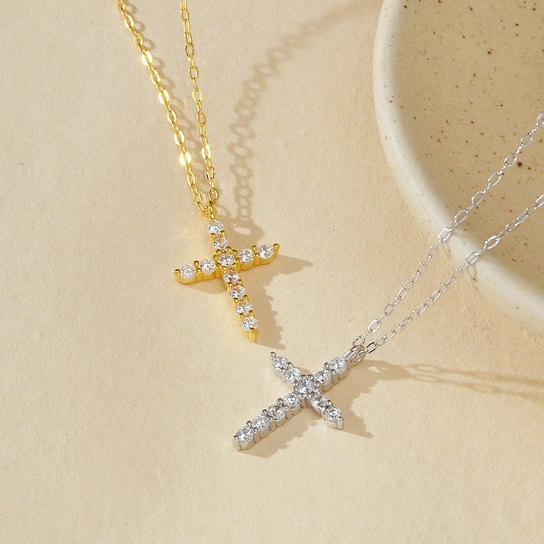 “Cross Radiance” S925 Sterling Silver Pave Cross Pendant Necklace