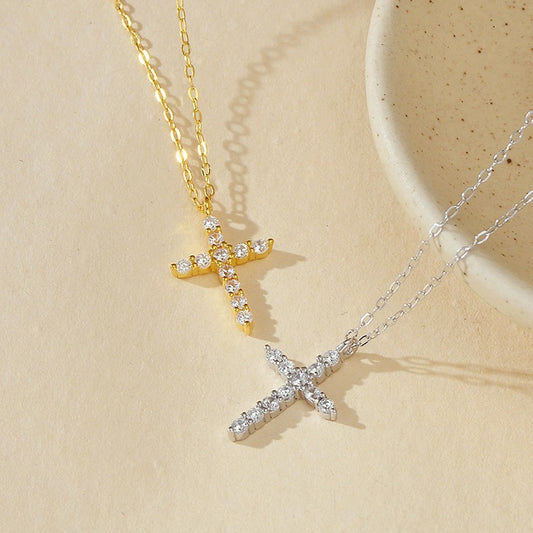 “Cross Radiance” S925 Sterling Silver Pave Cross Pendant Necklace