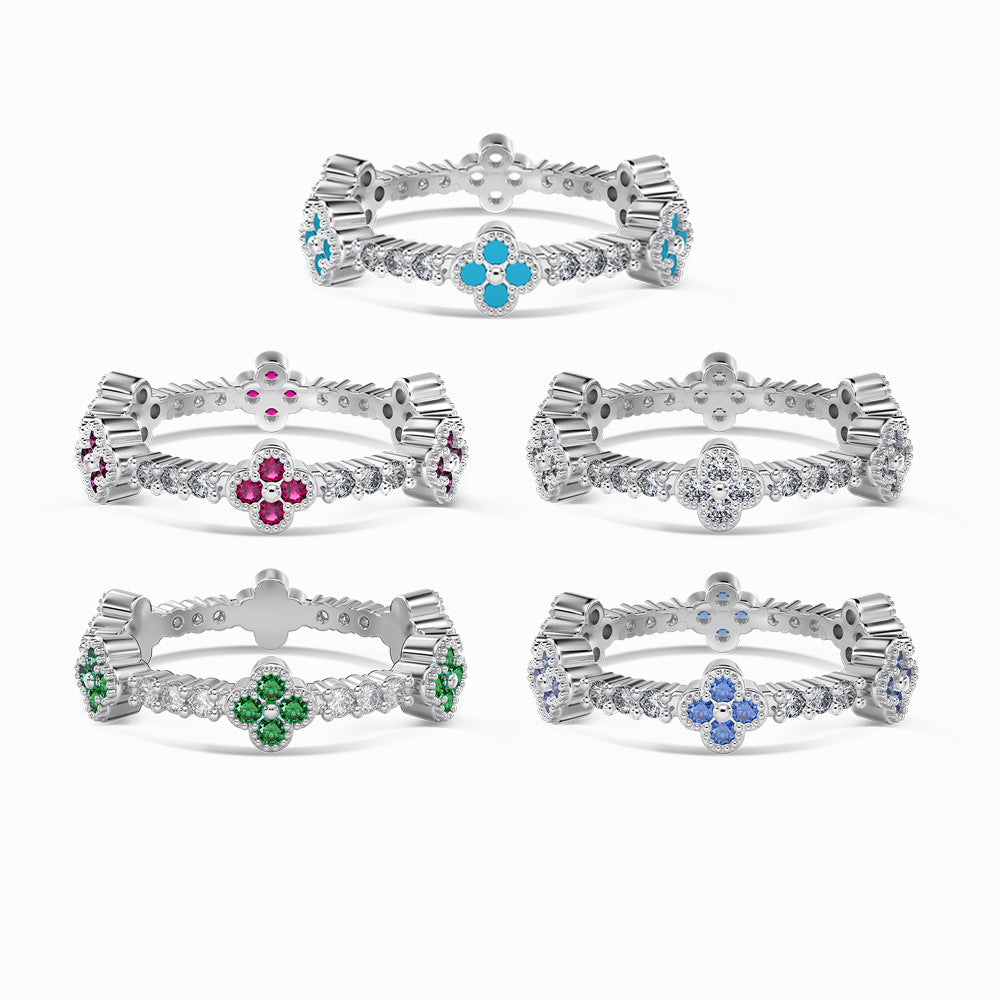 Clover Éclat Four Leaf Clover Zircon Stackable Ring, S925 Sterling Silver