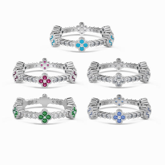 Clover Éclat Four Leaf Clover Zircon Stackable Ring, S925 Sterling Silver