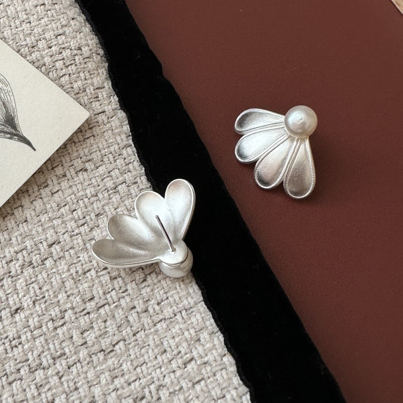 S925 Sterling Silver Petal Grace Pearl Earrings Floral Half Flower Vintage Stud