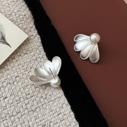 S925 Sterling Silver Petal Grace Pearl Earrings Floral Half Flower Vintage Stud