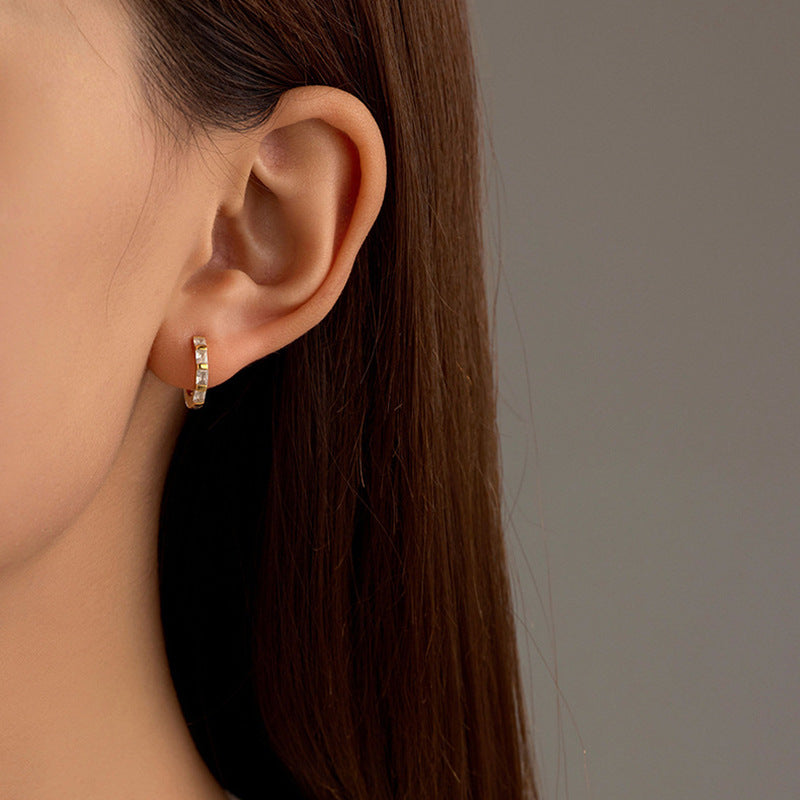 “Rectangular Radiance” S925 Sterling Silver Zircon Geometric Hoop Earrings