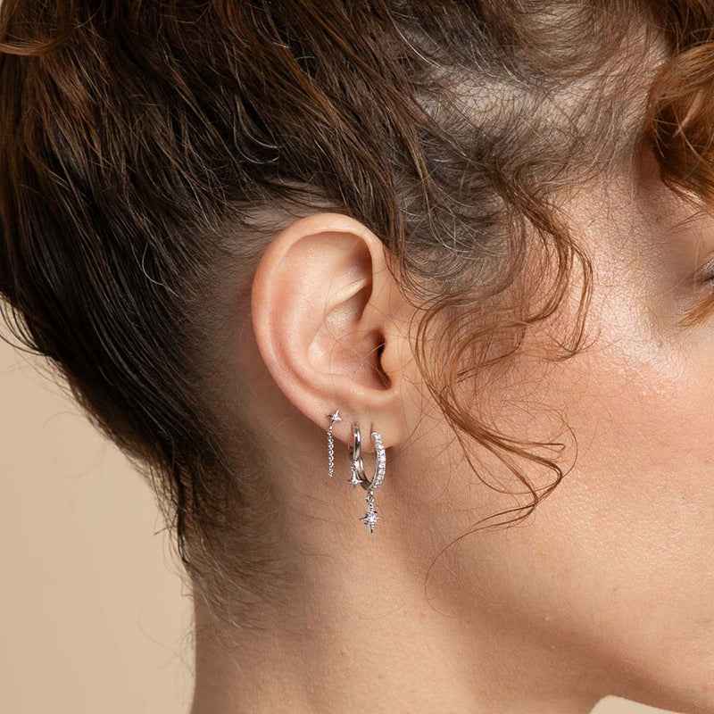 925 Sterling Silver Polar Star Pavé Zircon Hoop Drop Earrings Gold or White Gold