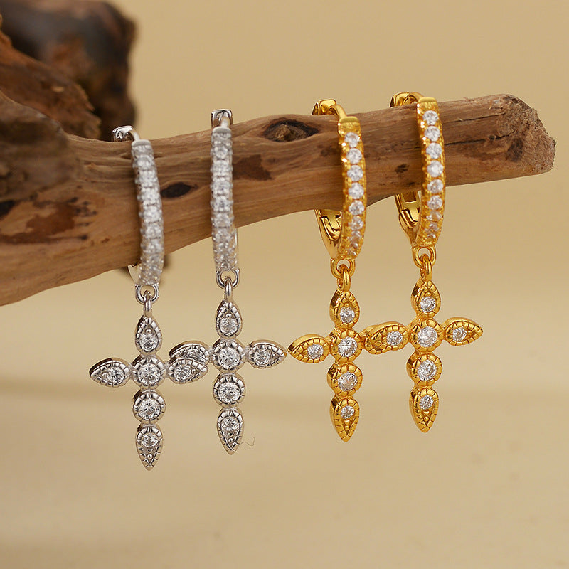 “Crosslight Vintage” S925 Sterling Silver Cross Drop Earrings with Sparkling Accents