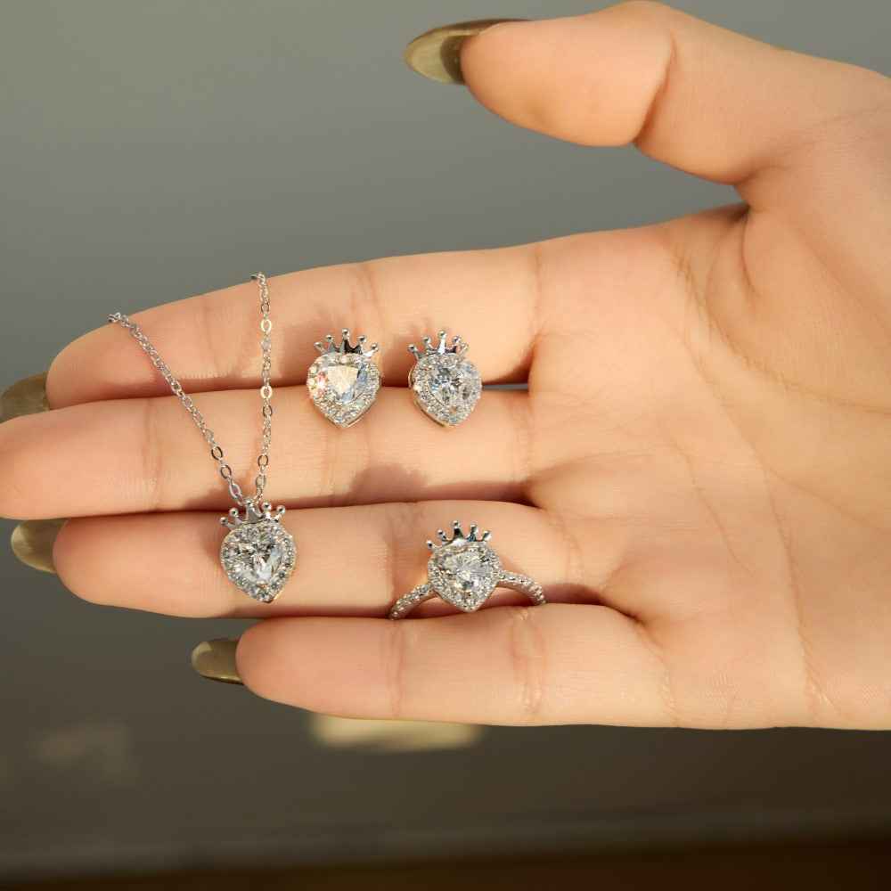 925 Sterling Silver Crown Heart Jewelry Set – Crowned Heart Royale (Necklace Ring Earrings)