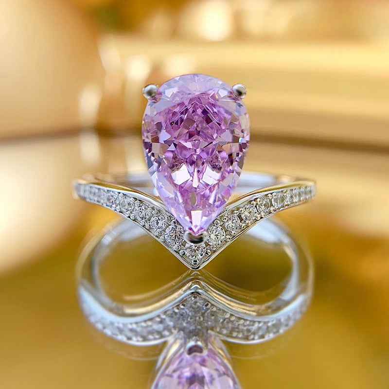 925 Sterling Silver Luminous Teardrop Pear-Cut Zircon V Band Ring