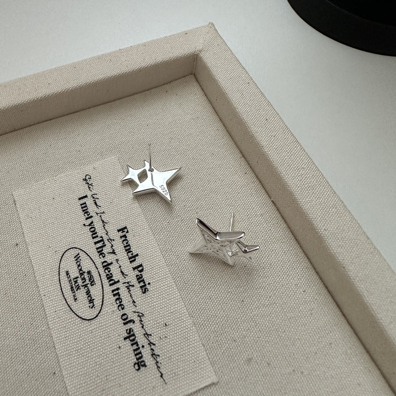 S925 Sterling Silver Twinkle Star Stud Earrings Double Star Celestial Design