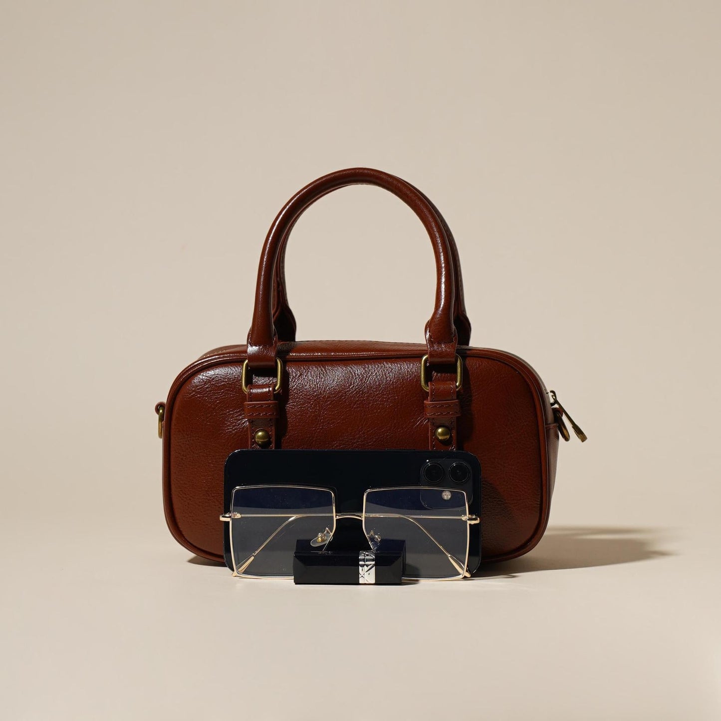 Women's Oil-Waxed Cowhide Mini Boston Bag with Top Handle