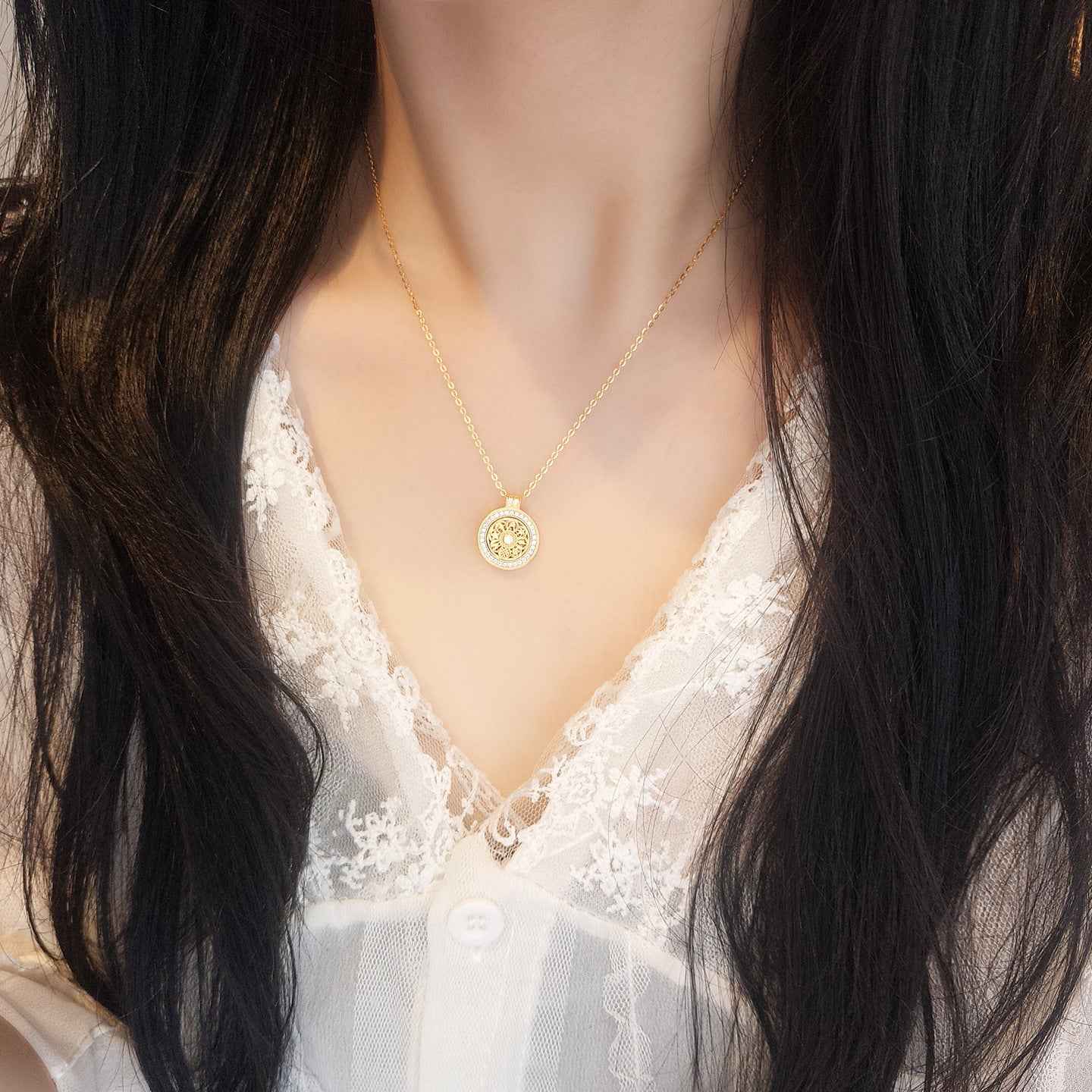 Fortune Compass Rotating Medallion Necklace with Zircon in S925 Sterling Silver