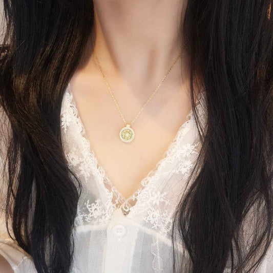 Fortune Compass Rotating Medallion Necklace with Zircon in S925 Sterling Silver
