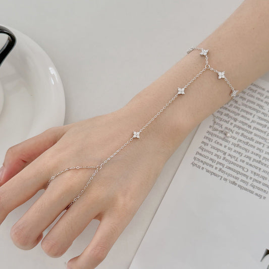 S925 Sterling Silver Grace Link Finger Bracelet Hand Chain CZ Elegant Jewelry