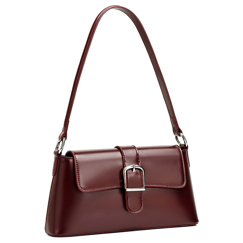 Women's Genuine Leather Vintage Baguette Shoulder Bag with Buckle