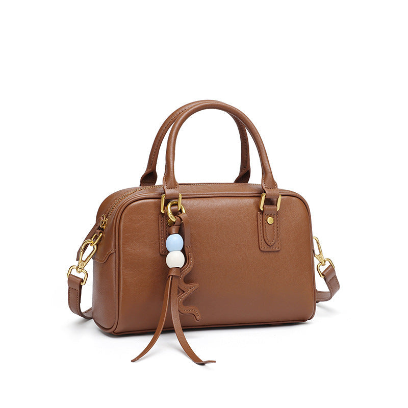 Women's Genuine Leather Boston Bag with Wavy Charm