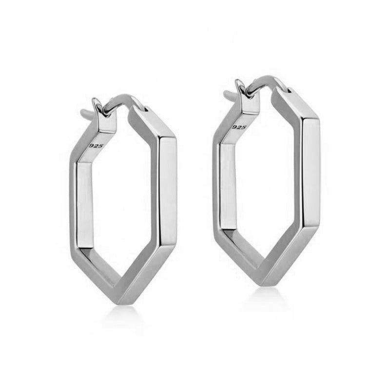 “Hexagon Muse” S925 Sterling Silver Minimalist Hexagon Hoop Earrings