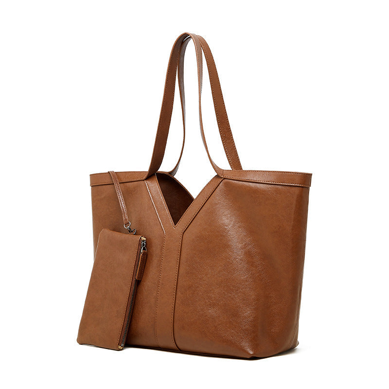 Women's Genuine Leather Open Top Vertical Tote Bag