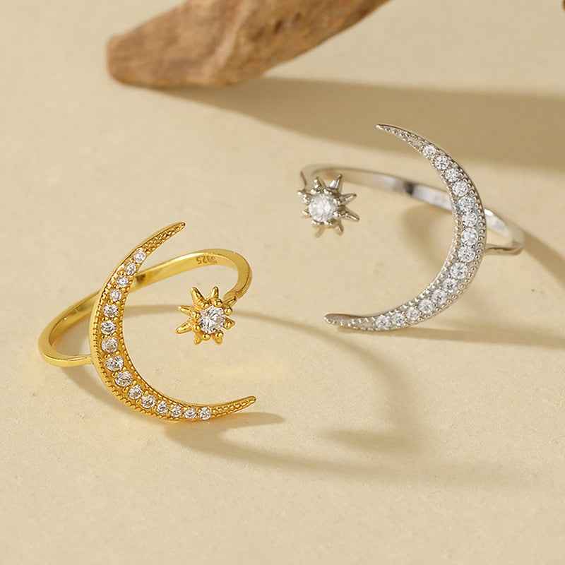 Starlit Embrace Moon Star Adjustable Ring 925 Sterling Silver