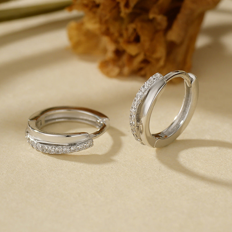 “Linework Spark” S925 Sterling Silver Pavé Geometric Huggie Hoop Earrings